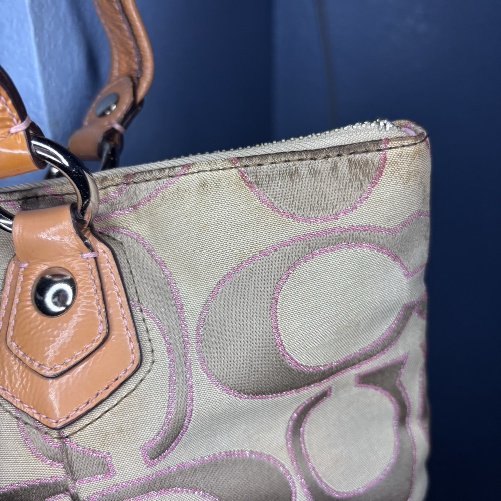 Coach Vintage Poppy Shoulder Bag Logo Beige Pink Glitter Sparkle jaquard - Picture 7 of 12